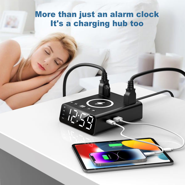 Alarm Clock with Wireless Charger, USB-A and USB-C Chargers and Outlets