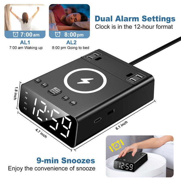 Alarm Clock with Wireless Charger, USB-A and USB-C Chargers and Outlets, 500pcs