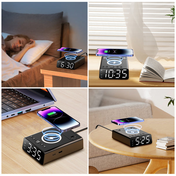 Alarm Clock with Wireless Charger, USB-A and USB-C Chargers and Outlets