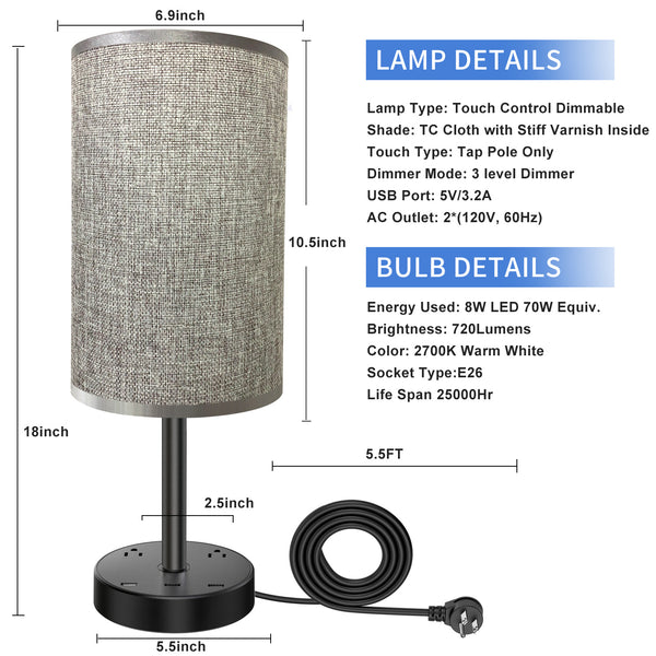 Table Lamp with Alarm Clock, USB Charger and Outlets
