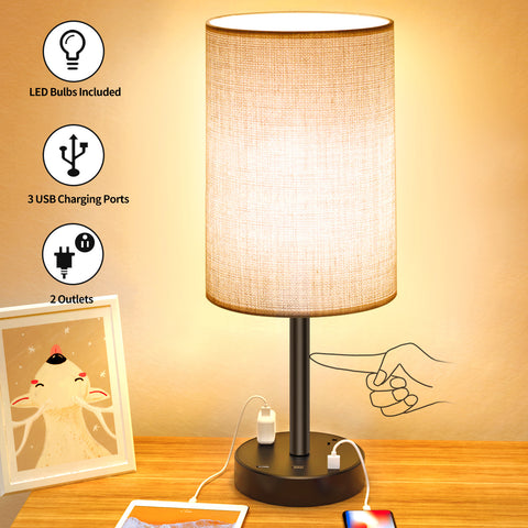 Table Lamp with Alarm Clock, USB Charger and Outlets