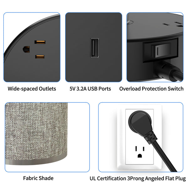 Table Lamp with Alarm Clock, USB Charger and Outlets