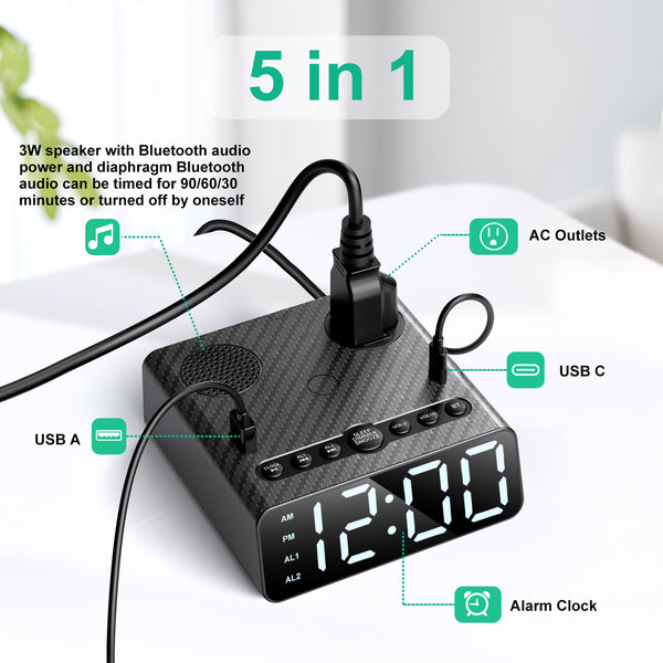 Alarm Clock with Bluetooth Speaker, USB Charger and Outlets, 500pcs